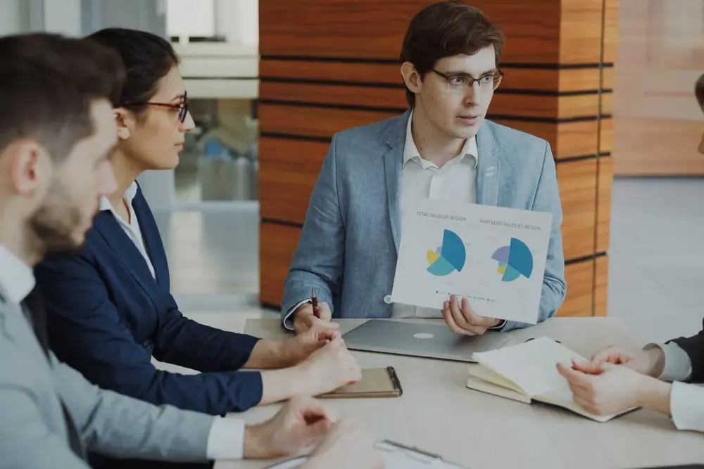 Business team reviewing emissions charts in a meeting