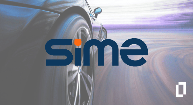 Sime brand mark overlaid on a fast-driving BMW 