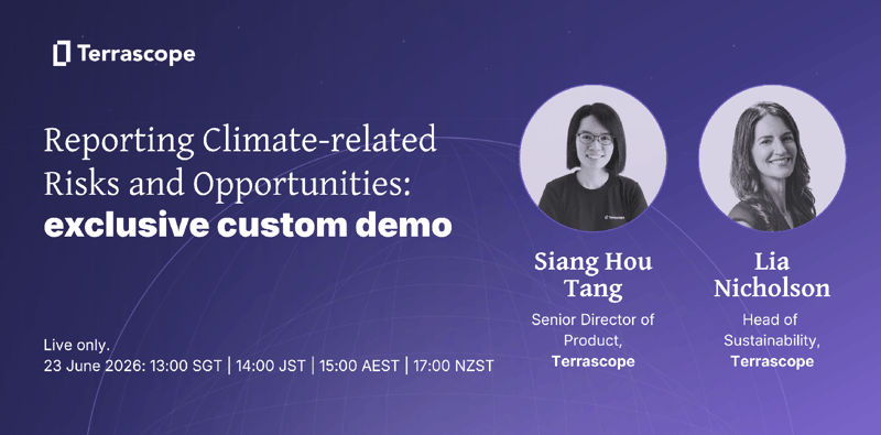 Banner for webinar: Climate reporting on Terrascope custom demo with Siang Hou Tang and Lia Nicholson, 23 June 2026