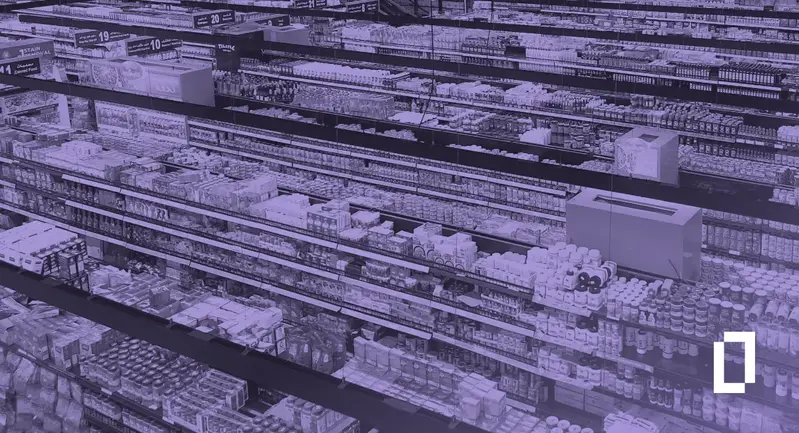 Retail carbon emissions: aerial view of supermarket aisles stocked with products, under a purple wash with the Terrascope mark