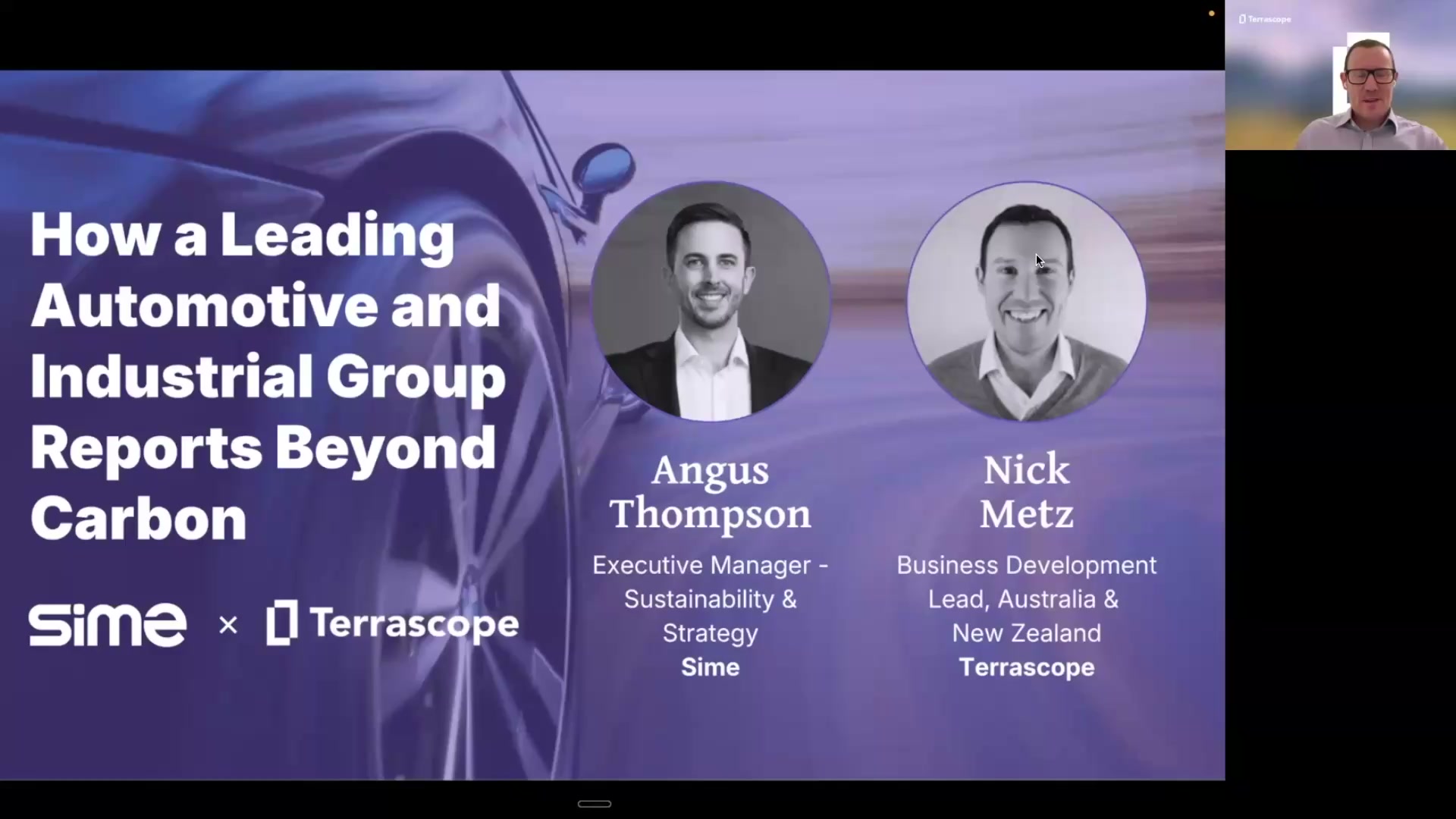 Webinar title card: How a leading automotive and industrial group reports beyond carbon, with Angus Thompson of Sime and Nick Metz of Terrascope.
