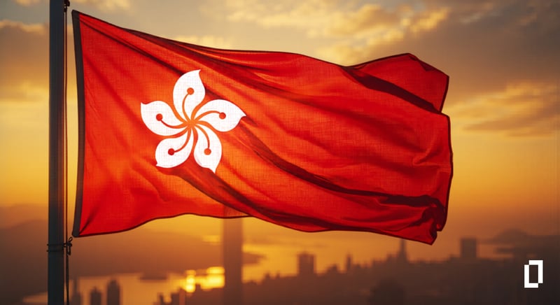 Hong Kong flag waving over Victoria Harbour at sunset, with Terrascope logo