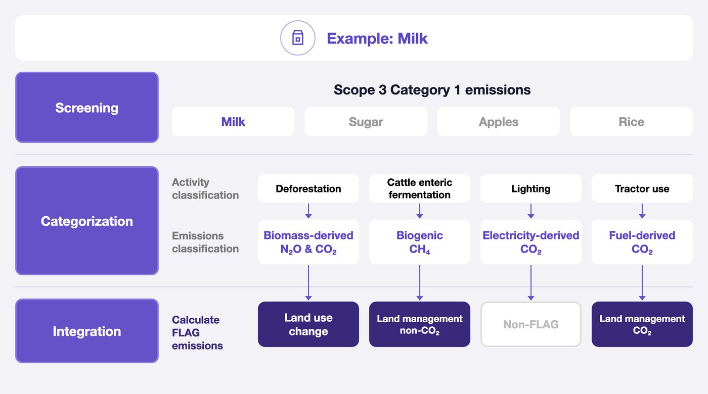 How Terrascope decomposes emission factors to calculate FLAG emissions, using milk as an example: screening, categorisation and integration