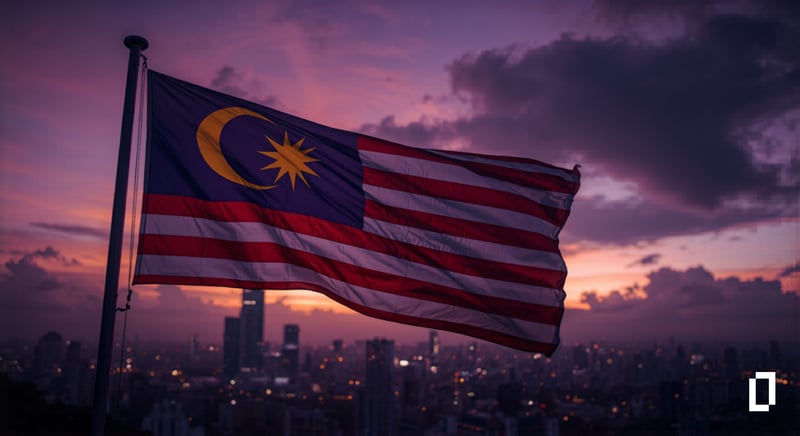 Malaysian flag waving over a city skyline with a purple sunset