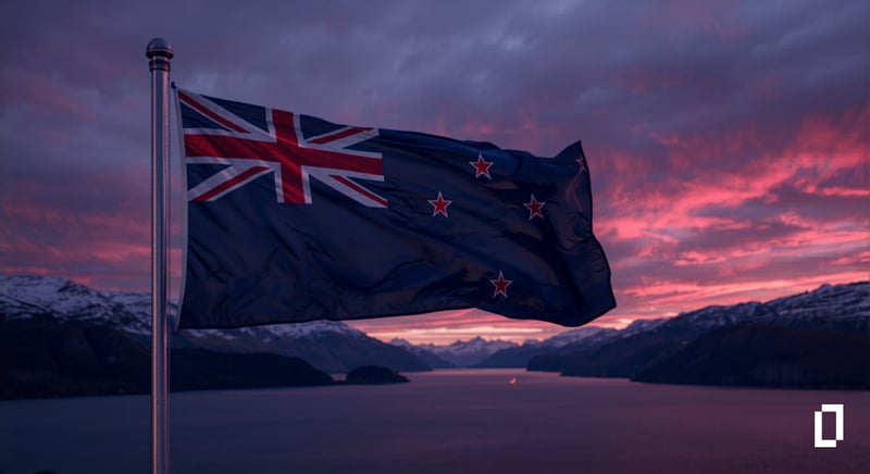 New Zealand flag waving above a Southern Alps fiord under a purple twilight sky