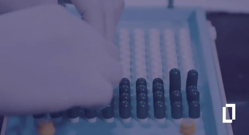 Carbon accounting software for pharmaceutical companies: gloved hand filling capsules on a capsule-filling tray