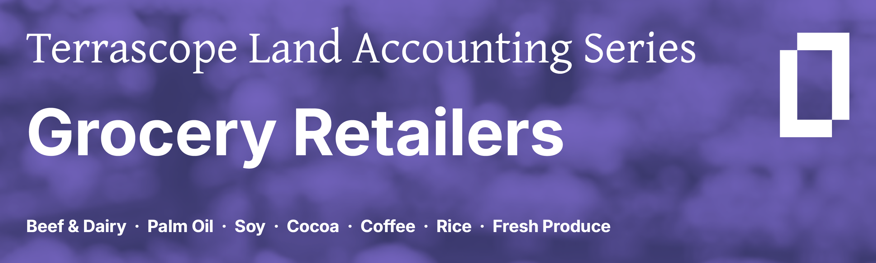 Terrascope Land Accounting Series for Grocery Retailers covering Beef & Dairy · Palm Oil · Soy · Cocoa · Coffee · Rice · Fresh Produce 