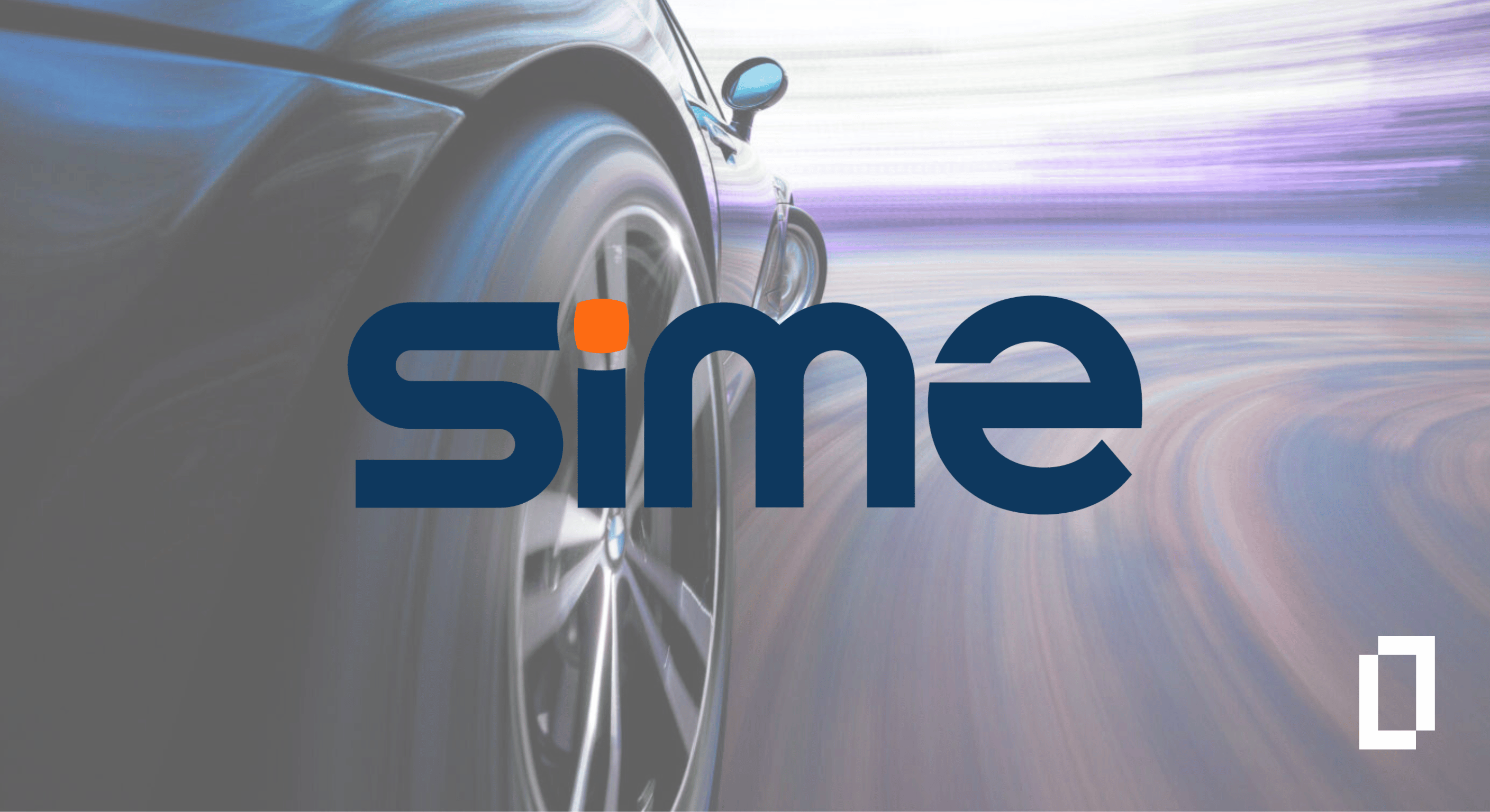 Sime brand mark overlaid on a fast-driving BMW 