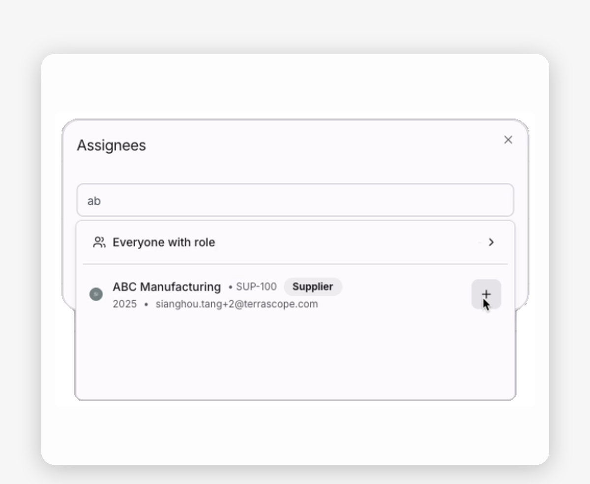 Terrascope supplier engagement Assignees panel showing a Supplier user, ABC Manufacturing (SUP-100), being assigned to a Pre-calculated CCF data collection task. Enables direct supplier collaboration and role-based task assignment for emissions data requests.