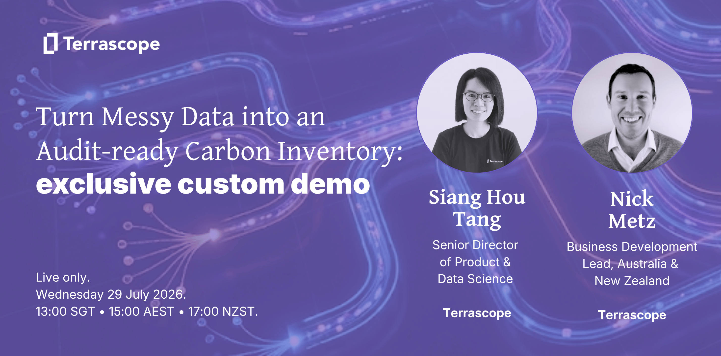 Terrascope webinar banner: Turn messy data into an audit-ready carbon inventory, an exclusive custom demo. Live only, Wednesday 29 July 2026