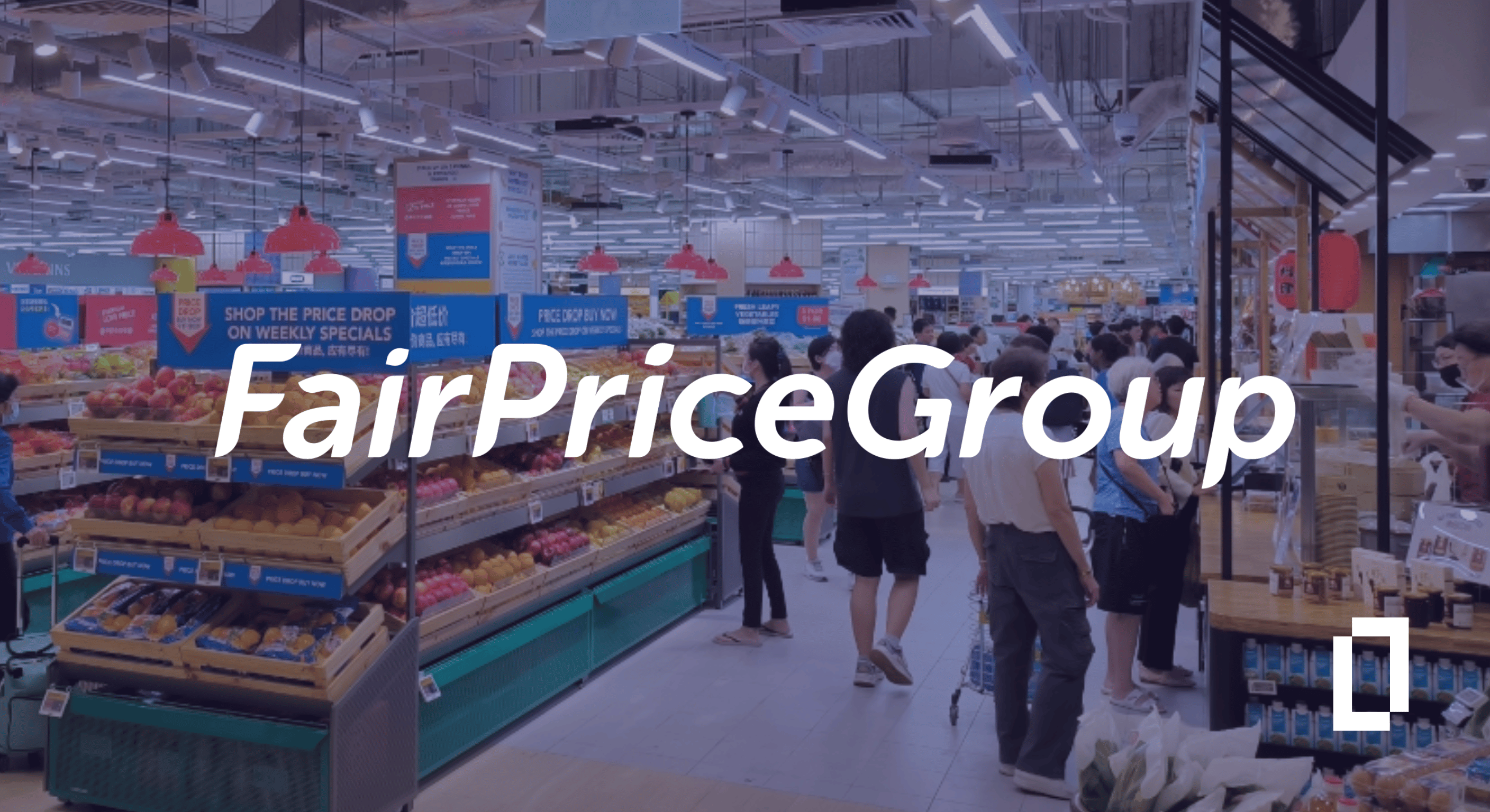 FairPrice Group supermarket interior with shoppers and fresh produce — Terrascope case study hero image.