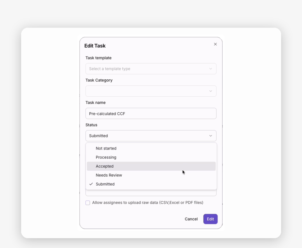 Terrascope supplier engagement Edit Task modal with the Pre-calculated CCF task and Status dropdown open showing workflow states: Not started, Processing, Accepted, Needs Review, and Submitted, for structured review and approval of supplier emissions data submissions.
